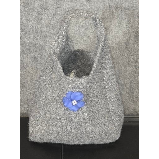 Grey Knit Wool Blend Slouchy Hobo Bag Blue Flower Pin Minimalist Tote Hipster
