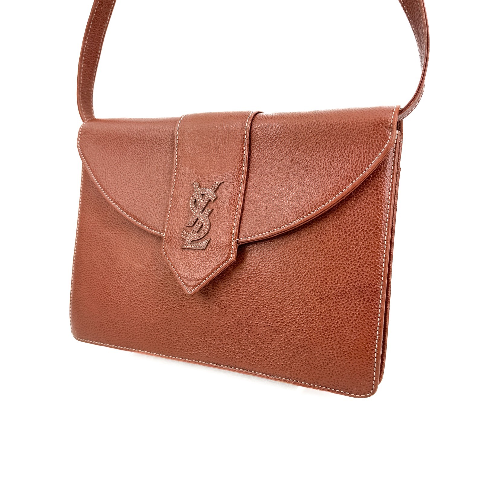 Vintage Saint Laurent Leather Shoulder Bag YSL Cassandra Brown Gold Authentic
