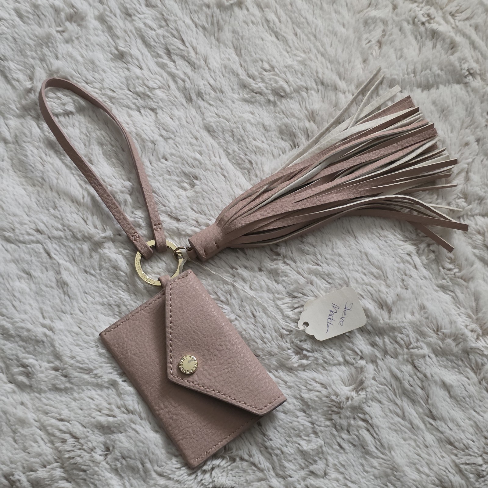 Steve Madden Bag Charm Key Chain Tassel Card Case Blush Nude Logo Name NEW