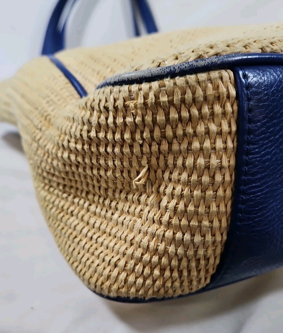Tory Burch Straw/Raffia Tote Bag Blue Leather Trim 12 in. X 11 in. X 4 in. Large