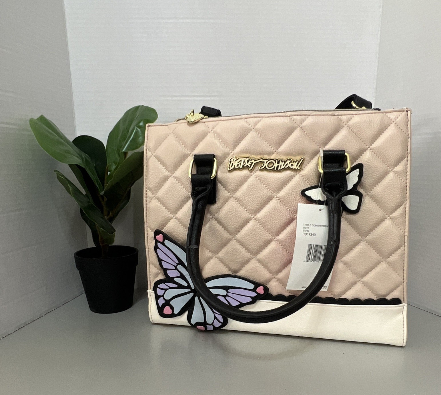 Betsey Johnson Quilted Butterfly Applique Satchel Top Handle Zip Gold Beige