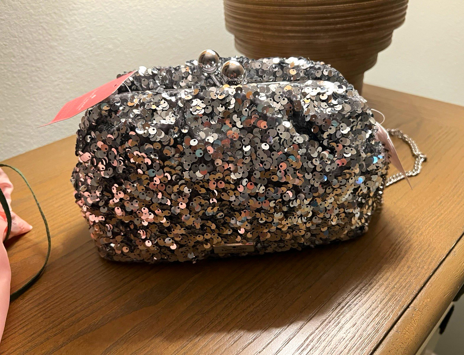 kate spade new york Silver Sequin Kiss Lock Clutch w/ Chain Strap & Dust Bag