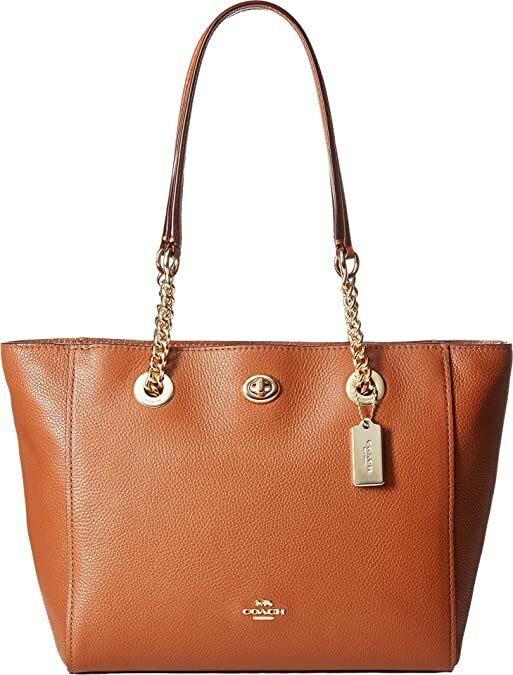🌞COACH NY 57107 TURNLOCK GOLD CHAIN SADDLE BROWN LEATHER SHOULDER TOTE BAG🌺NWT
