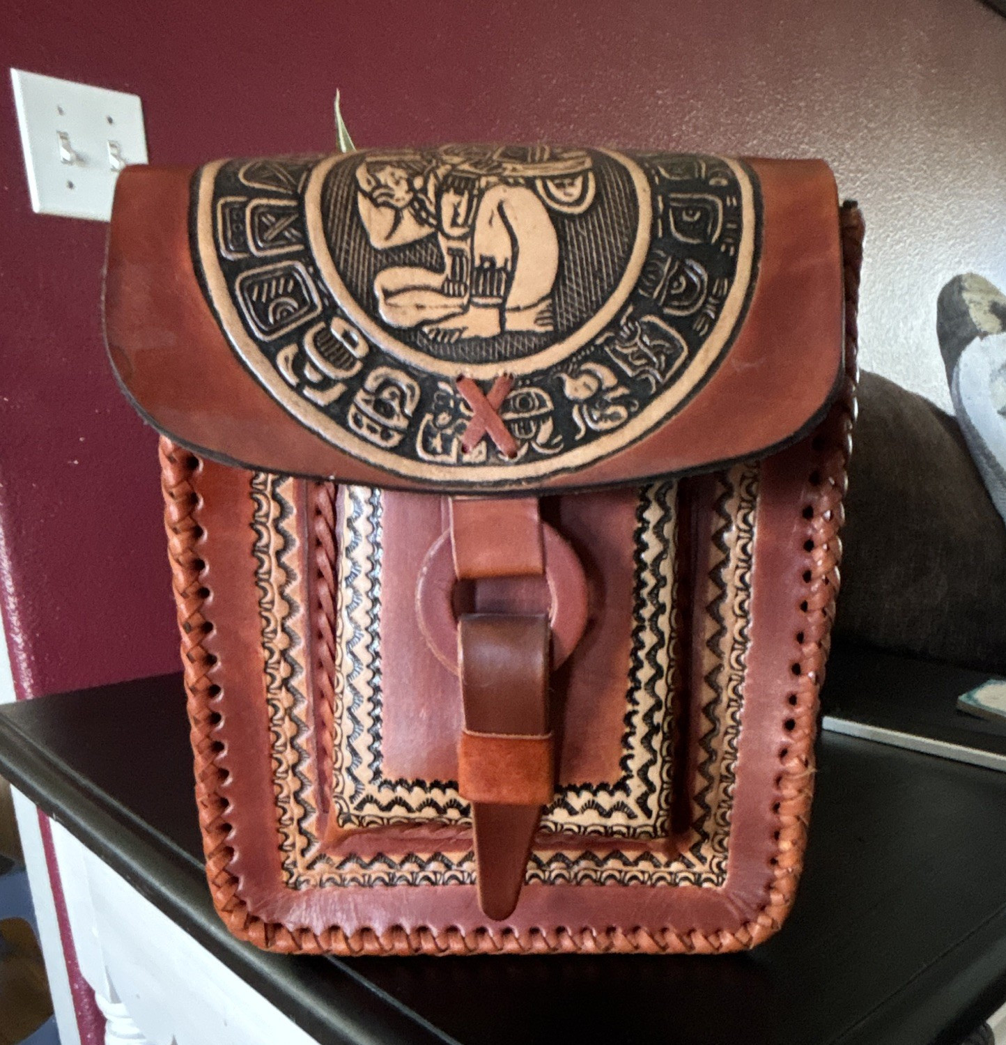 Brown Tooled Embossed Mayan Aztec Geometric Crossbody Bag, Buckle, Med