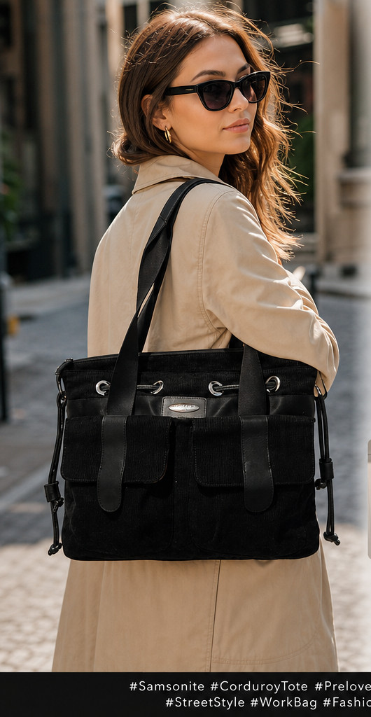 Samsonite Black Corduroy Zipper and Drawstring Tote with Matching Pouch