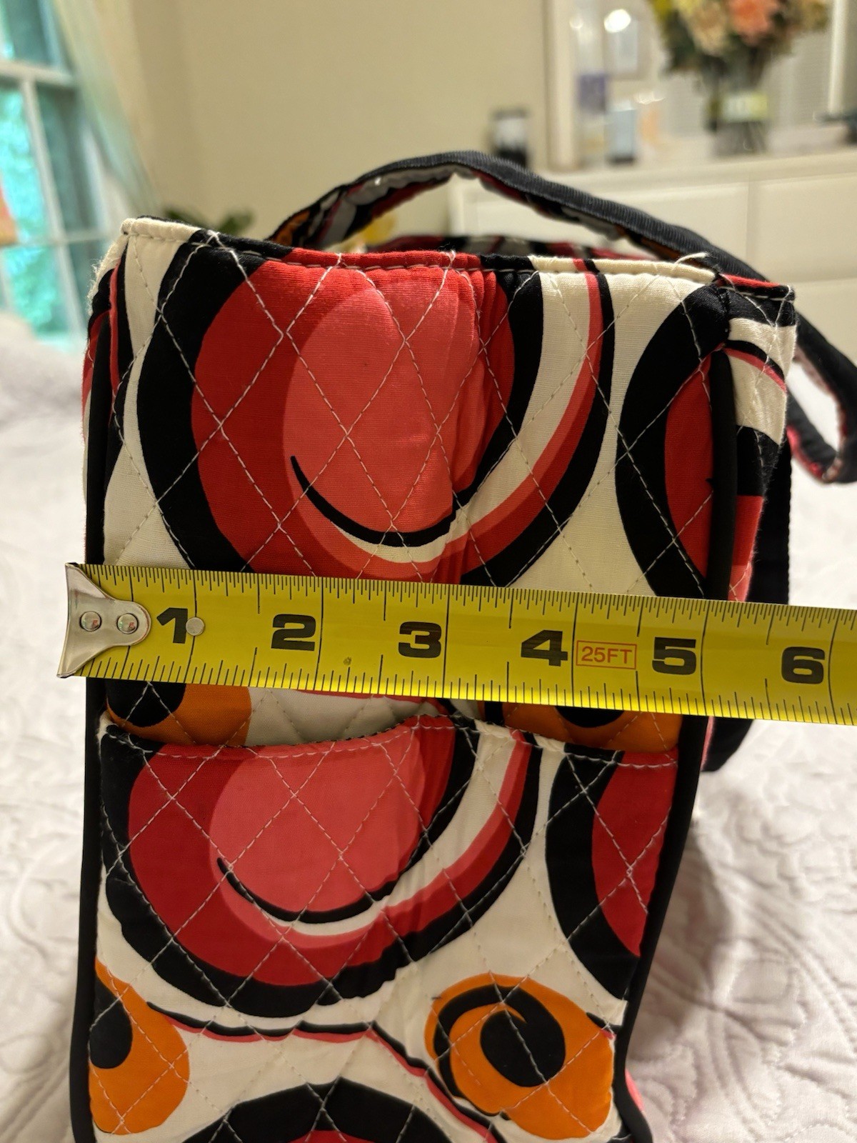 Bliss Quilted Geometric Tote Bag Red Orange Black White Bow Zipper Changing Pad