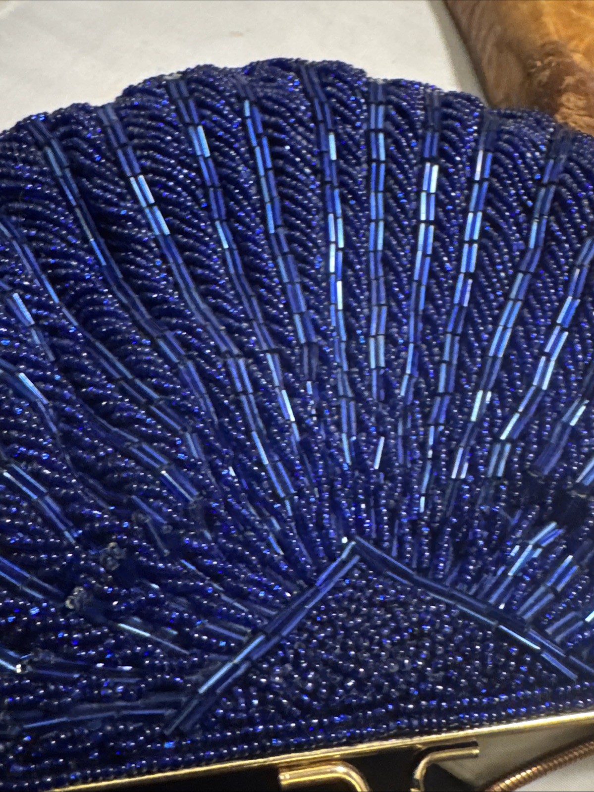 Andre Cellini Cobalt Blue Beaded Clamshell Evening Ladies Bag W. Snake Chain (Y