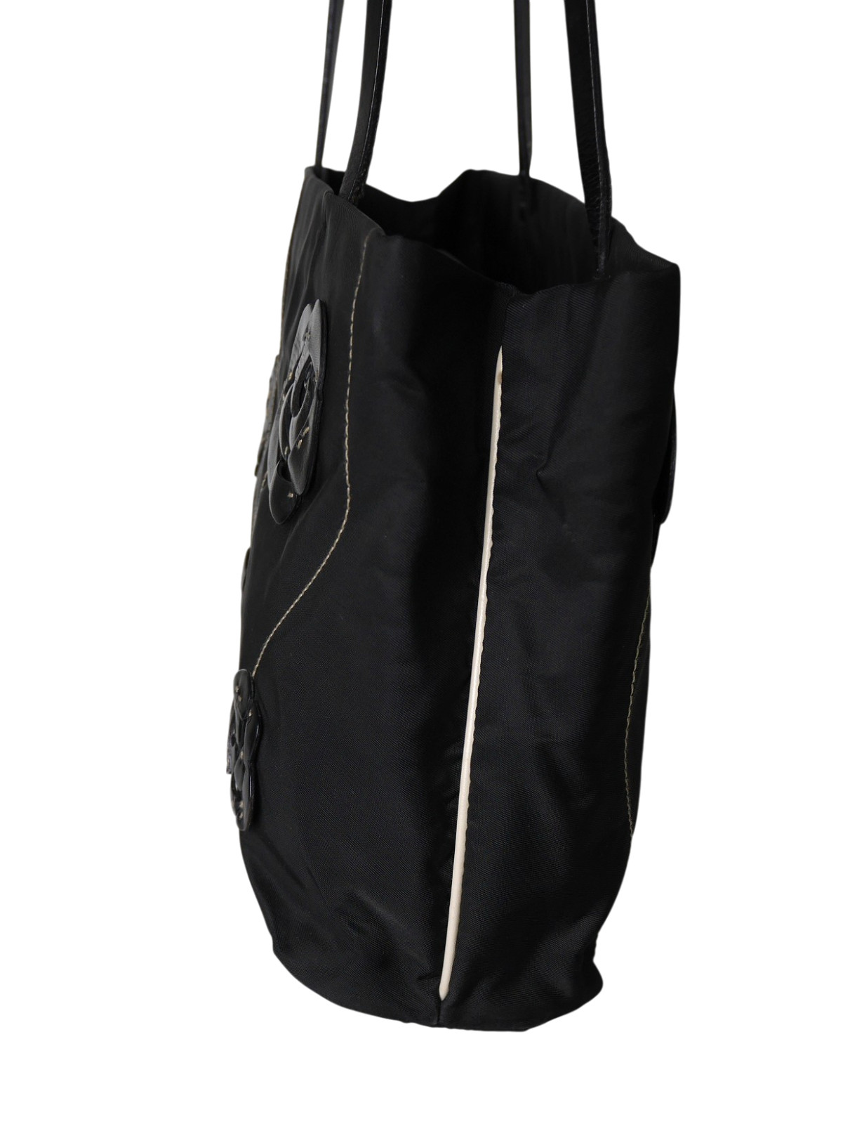 Prada Flower Handbag Black Nylon Tote Bag Shoulder Bag Triangle Logo Plate