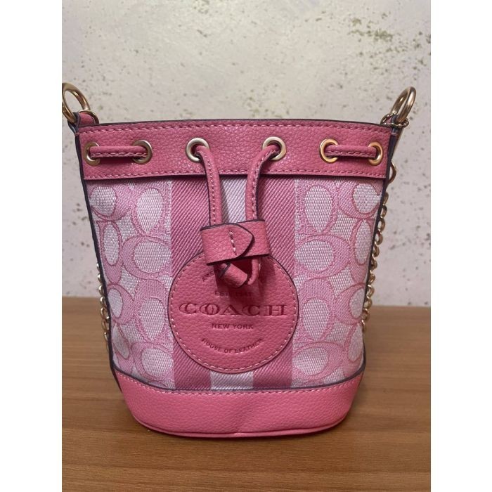 COACH C8322 Dempsey Mini Bucket Bag Signature Canvas Stripe Pink Multi Crossbody