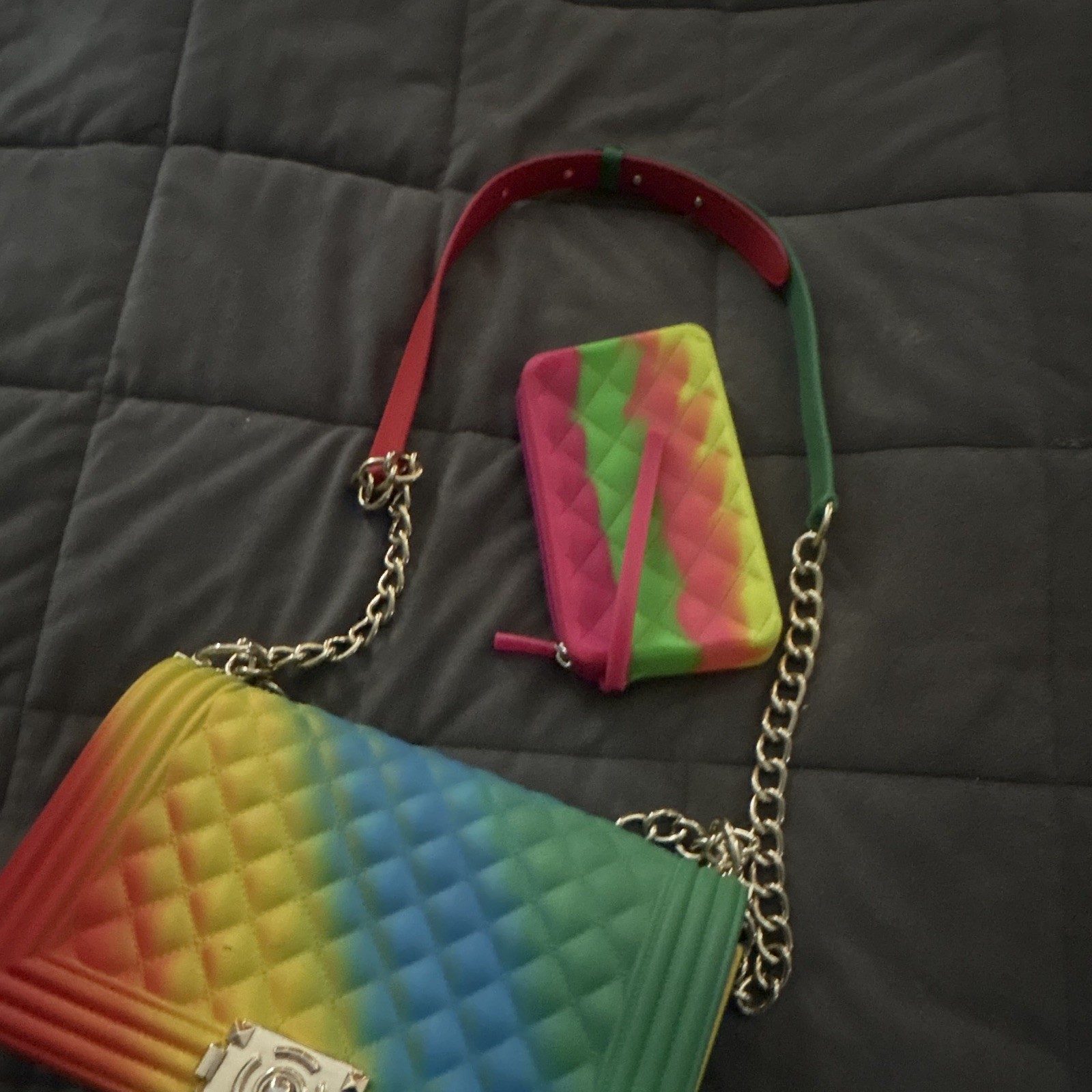 Rainbow Multicolor Quilted Shoulder Bag w/ Chain Strap Turn Lock & Coin Purse