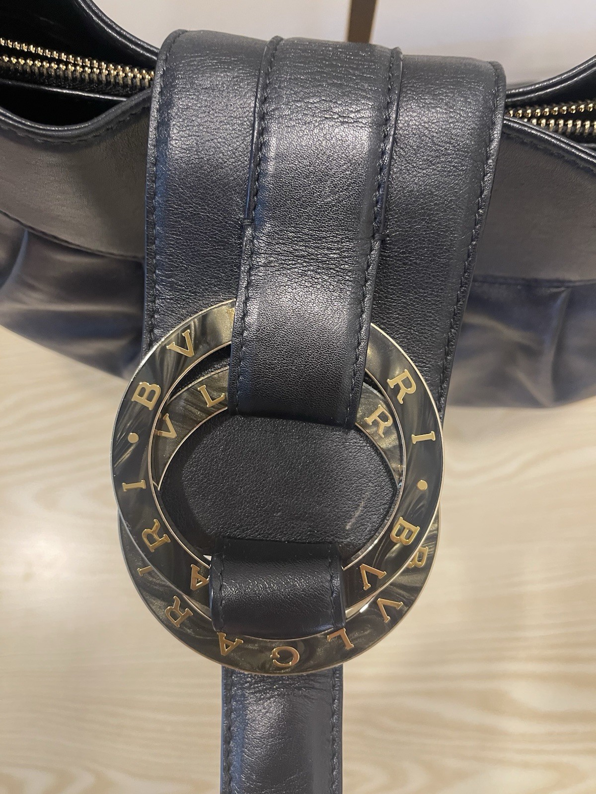 BVLGARI Women’s Black Shoulder Bag Gold Hardware Logo Buckle Zip Detachable
