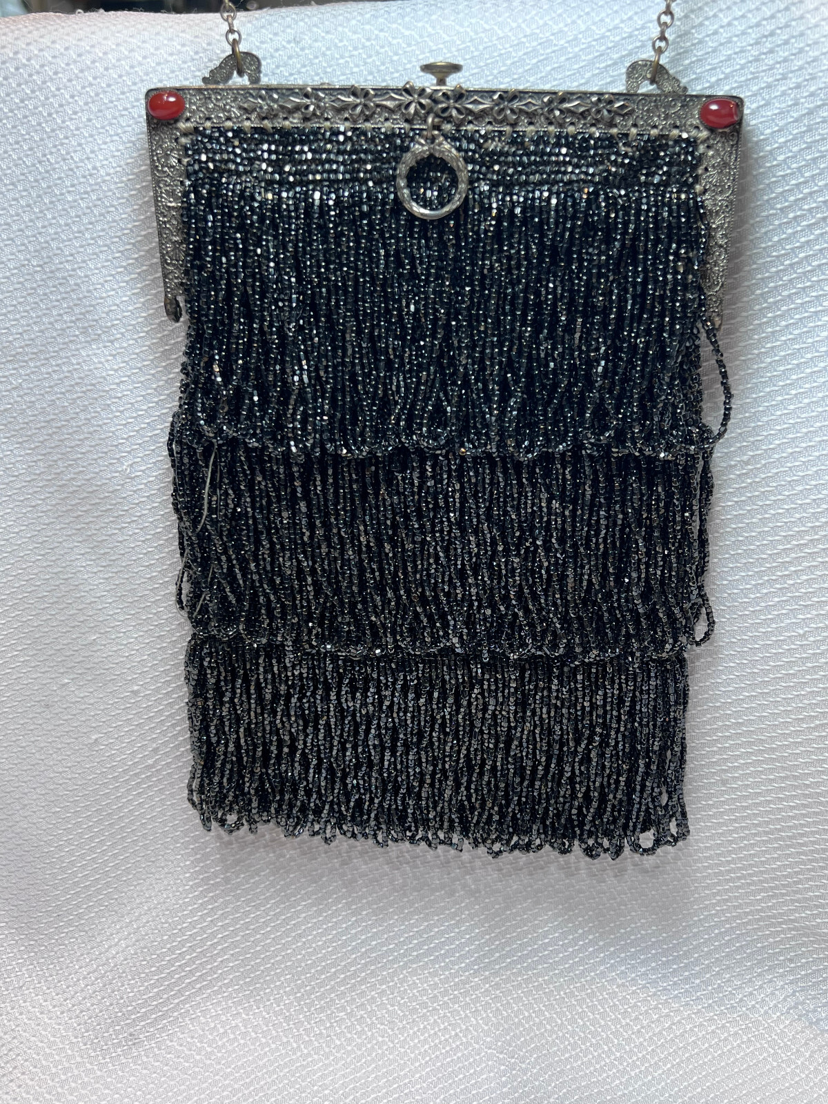 Vtg Fringe Flapper Style Evening Purse Seed Bead Ornate Frame Cabochon