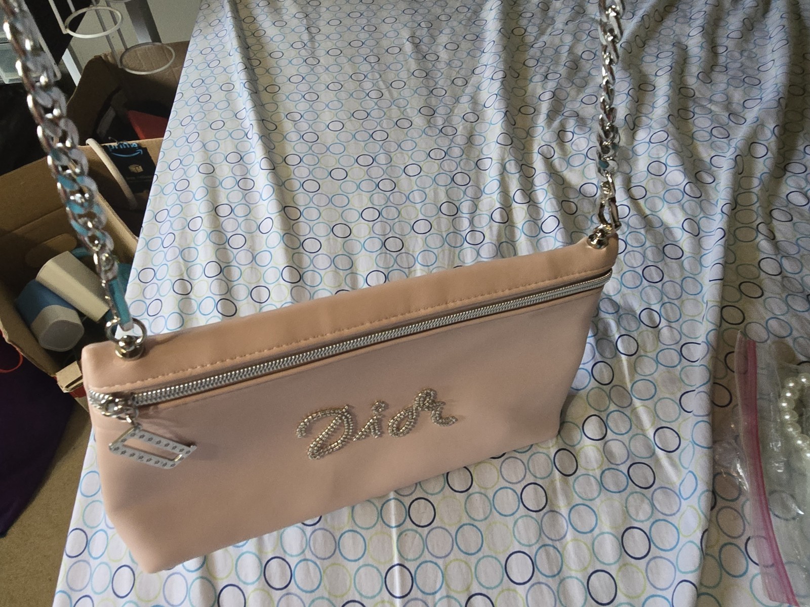 Dior Pink Logo Zip Shoulder Bag Silver Chain Strap Rhinestone Accents