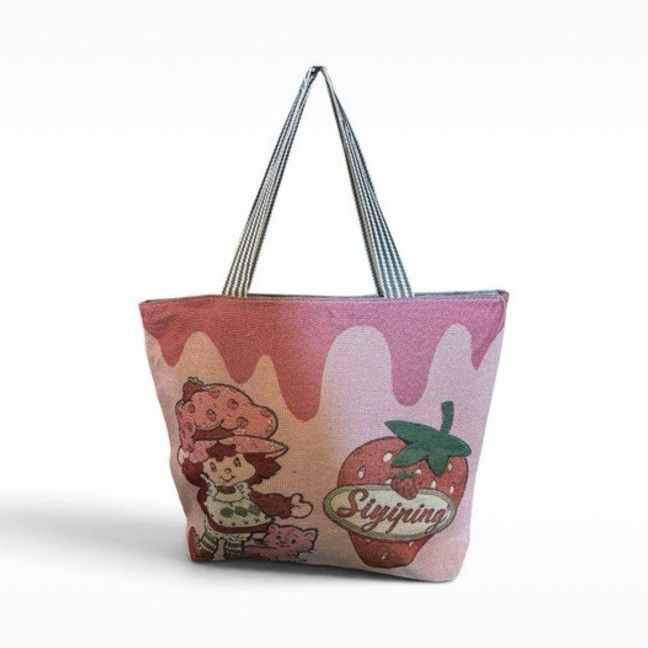 Strawberry Shortcake Pink Graphic Print Tote Bag, Multicolor Double Handles