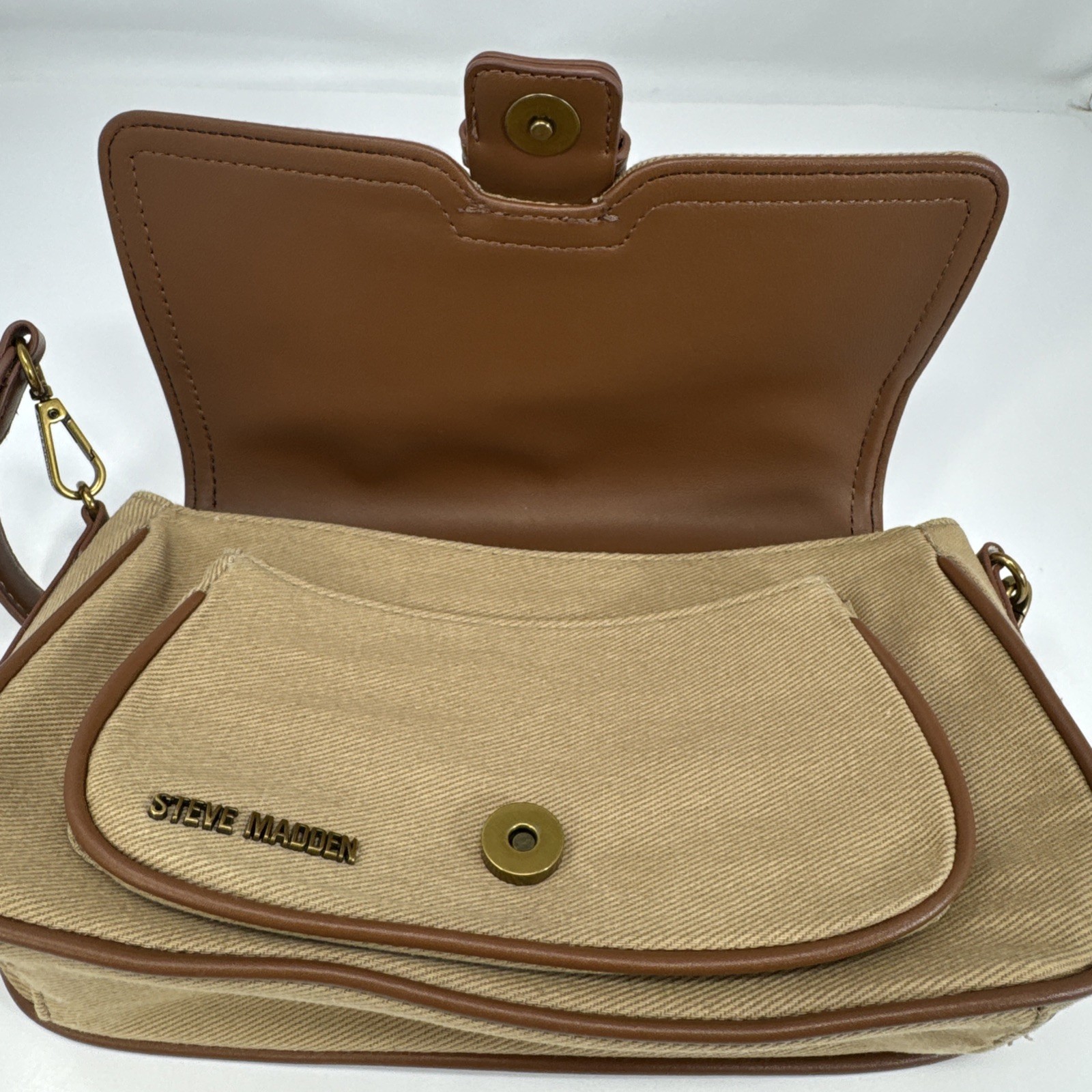 Steve Madden Beige Brown Shoulder Bag, Magnetic Snap Buckle