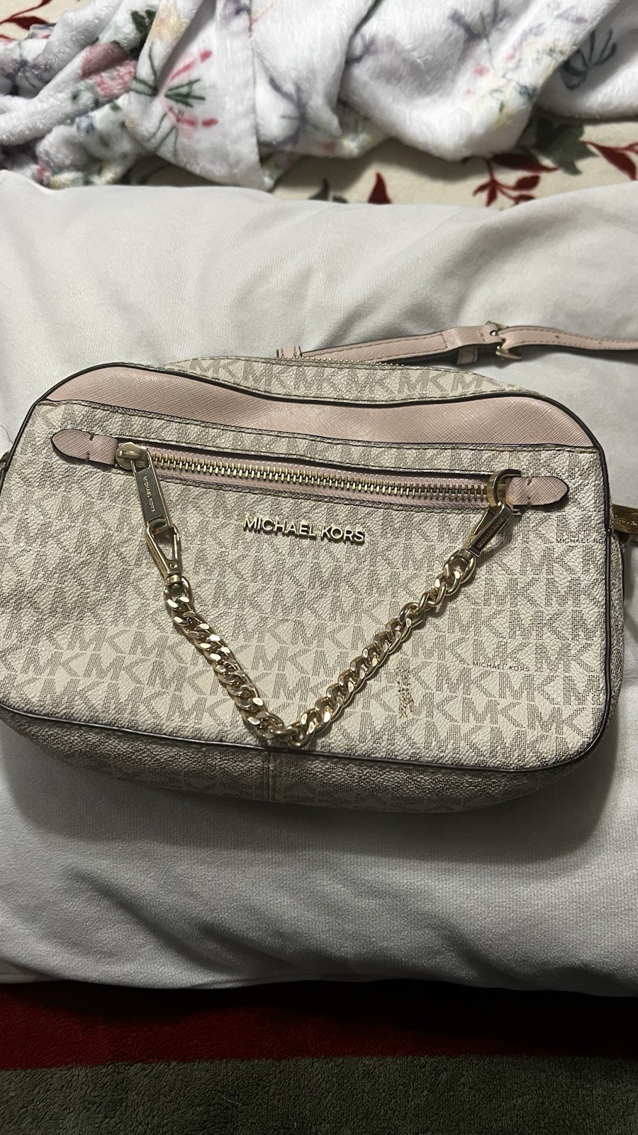 Michael Kors Beige Monogram Crossbody Bag Zip Gold Chain Hardware Pink Strap