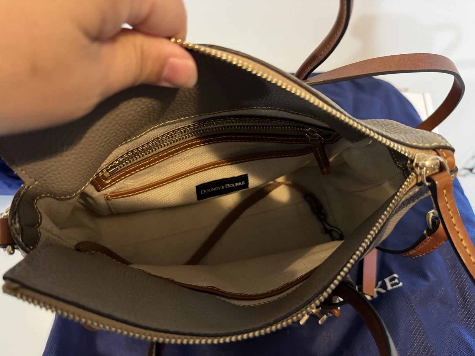 Dooney & Bourke Gray Pebbled Satchel Top Handle Zip Bag Brown Trim Dust Bag