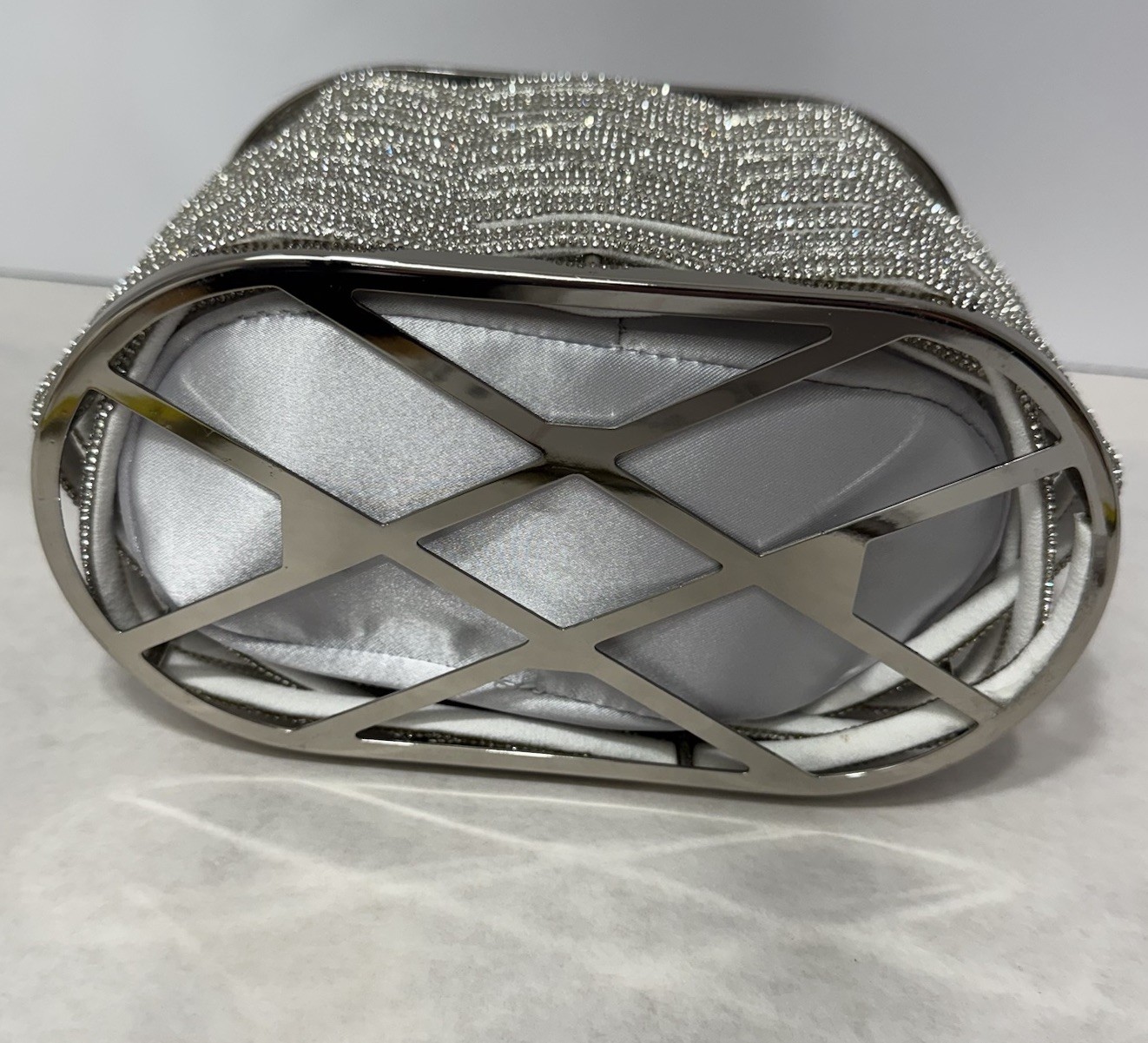 Bella Collection Silver Metallic Beaded Top Handle Bag Drawstring Chain Strap
