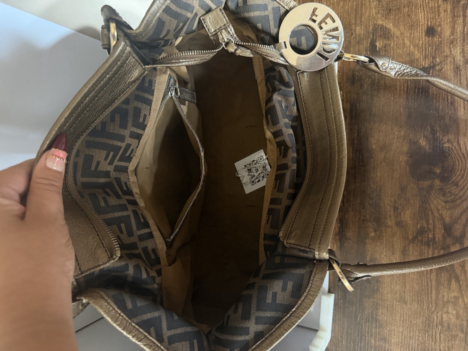 Fendi Large Zucca Chef Tote Bag FF Monogram Bronze Leather Shoulder Bag Charm