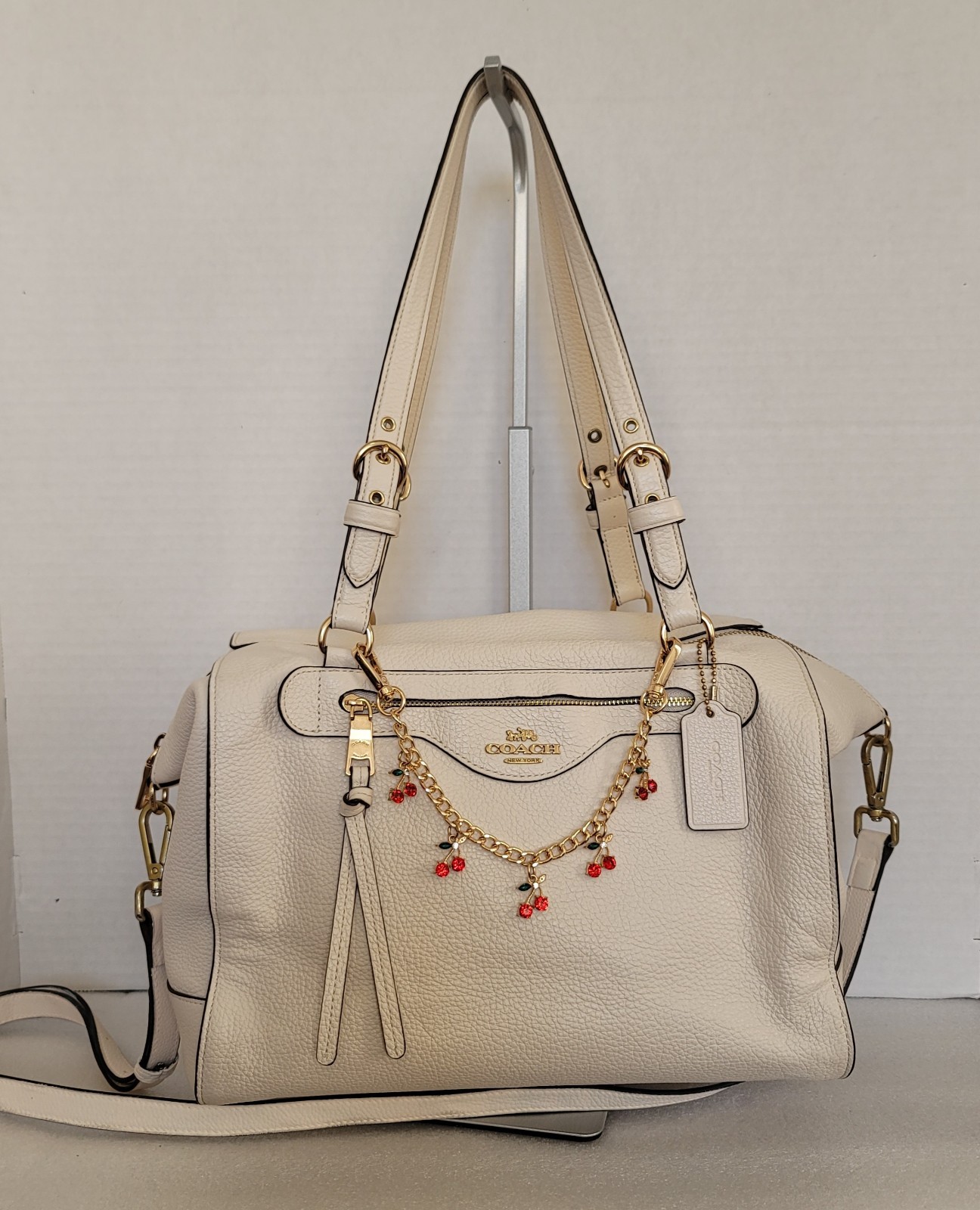 Coach Kleo Carryall Chalk Cream Leather Satchel Bag with Cherry Charm