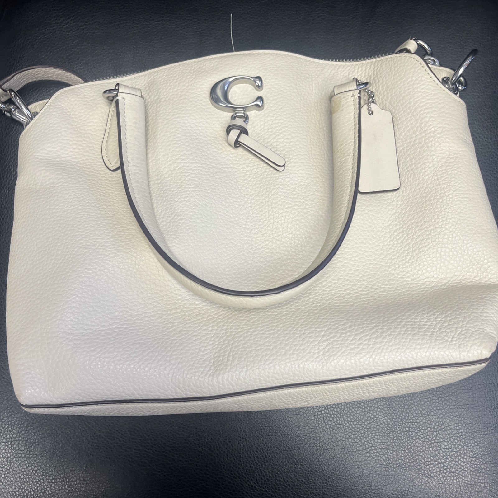 Coach Cream Pebbled Leather Bag with Crossbody Strap and Gold Hardware 9”7”5”