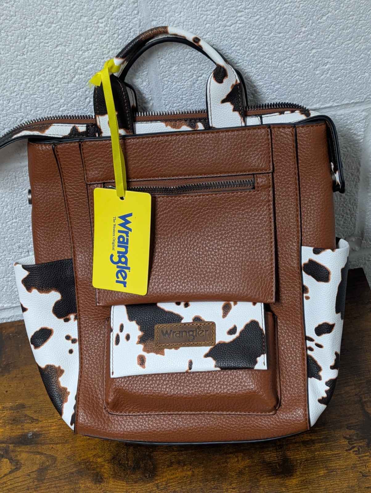 Wrangler Cow Print Convertible Backpack Purse Brown & White Bag NWT Western