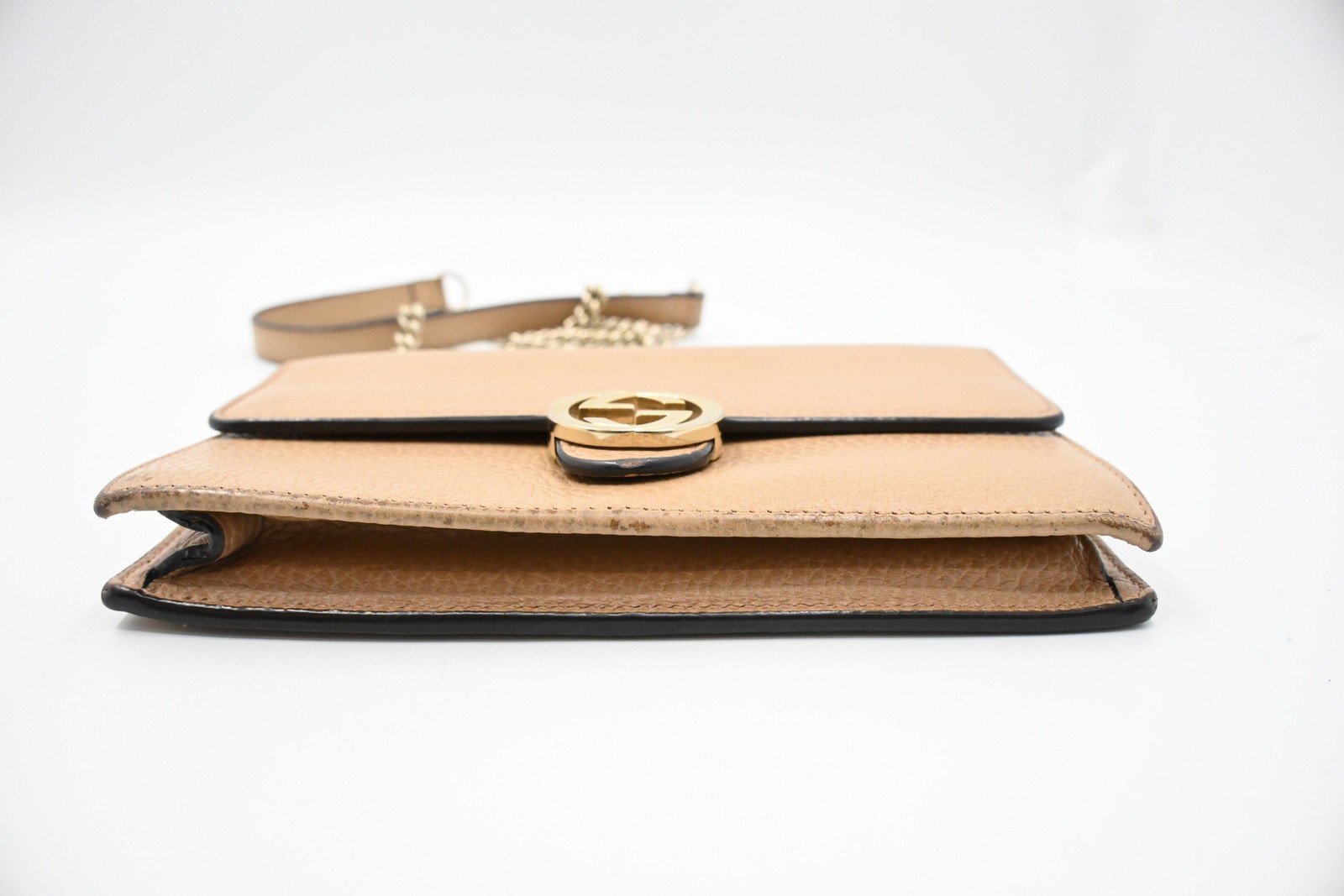 Authentic Gucci Interlocking G Chain Wallet in Beige Leather