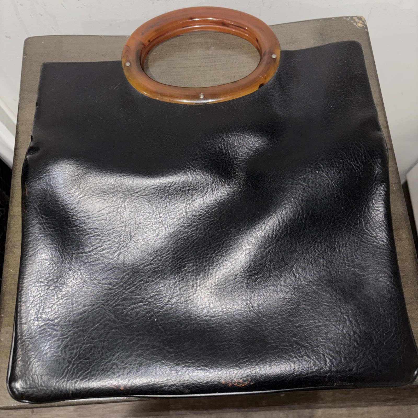 Vintage Black Leather Fold over Tortoise Shell Lucite Handle Clutch Bag