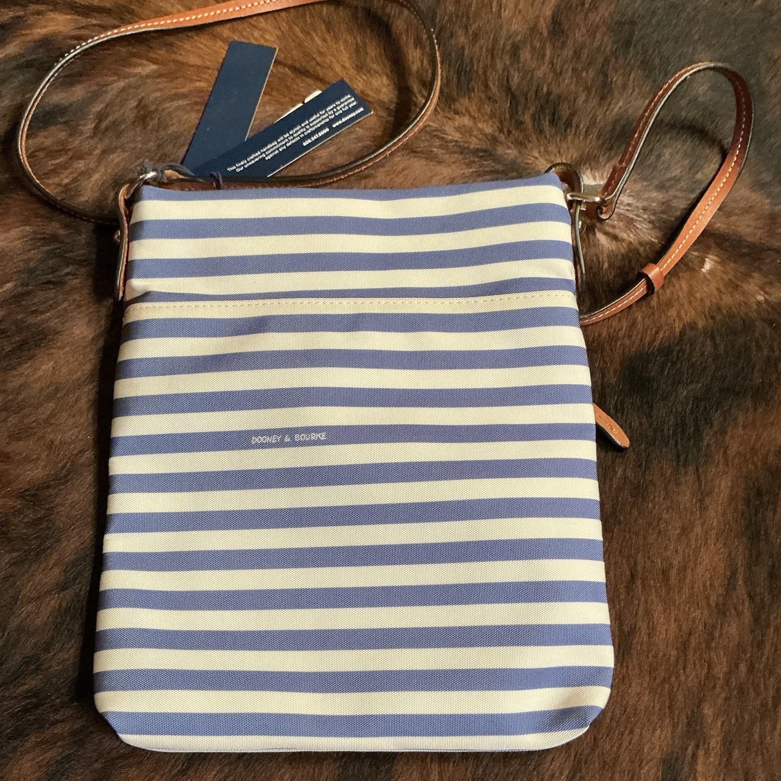 Dooney & Bourke Blue/White Striped Canvas Crossbody Zip Bag Red Lining Gold HW