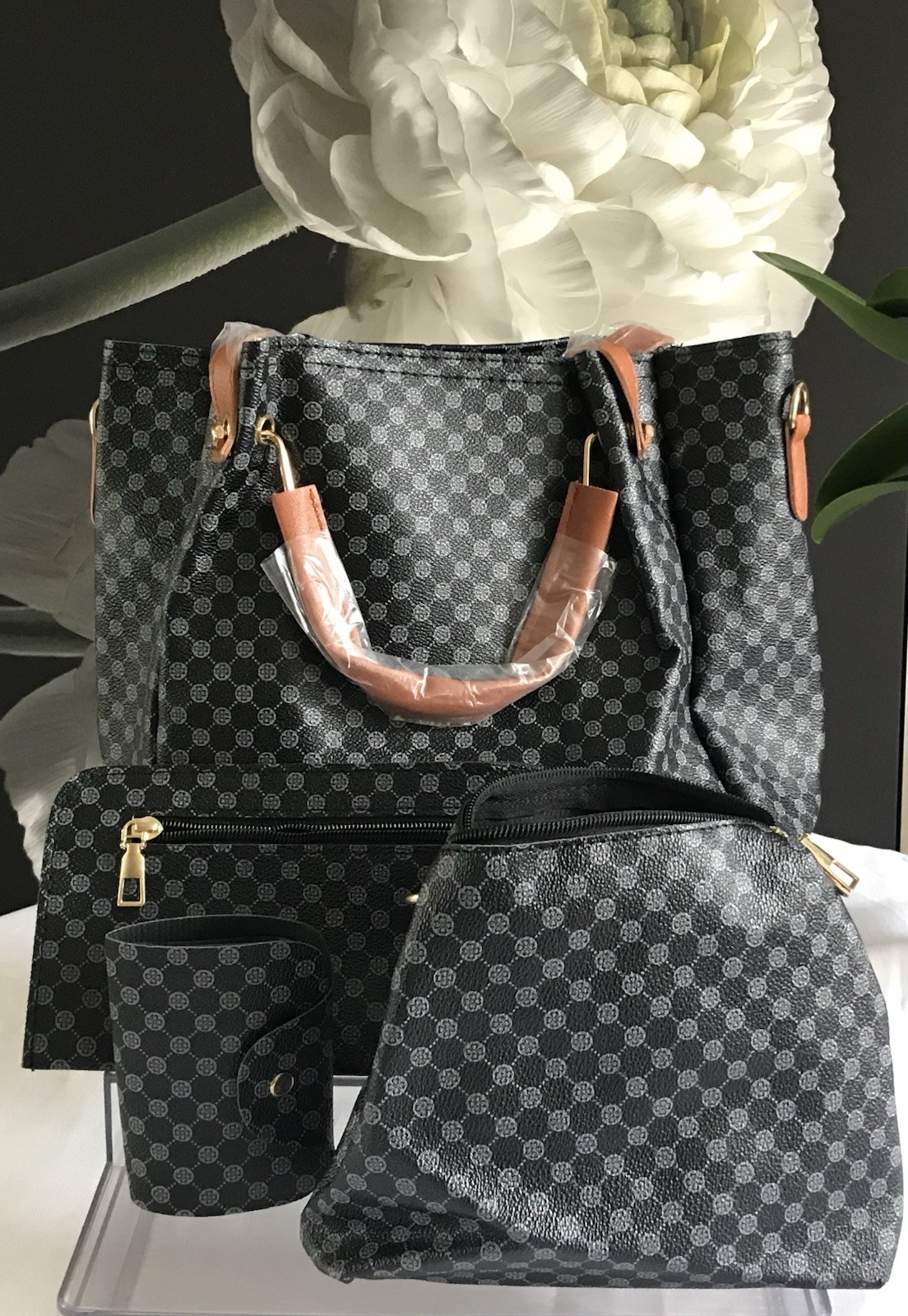 3-in-1 Women’s Black/Gray/Brown Checkered Tote Zip Double Handles, Pouch