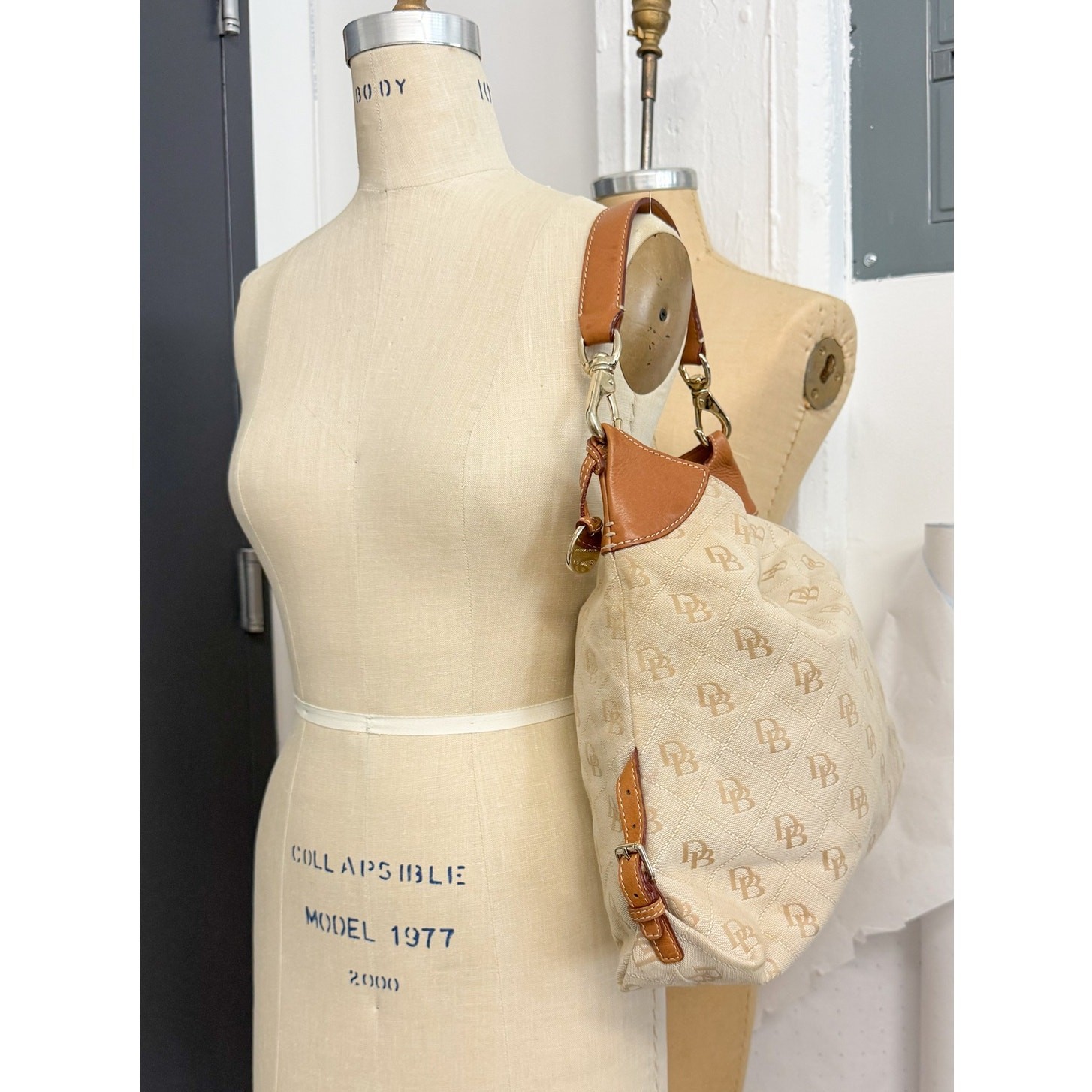 Dooney Bourke K7005639 Large Tan DB Signature Jacquard Leather Hobo Shoulder Bag
