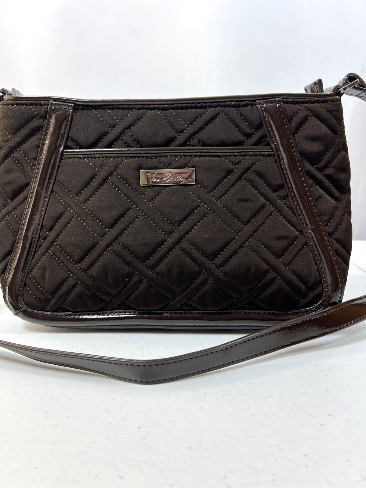 Vera Bradley Brown Trimmed Trapeze Quilted Fabric Faux Leather Crossbody Bag