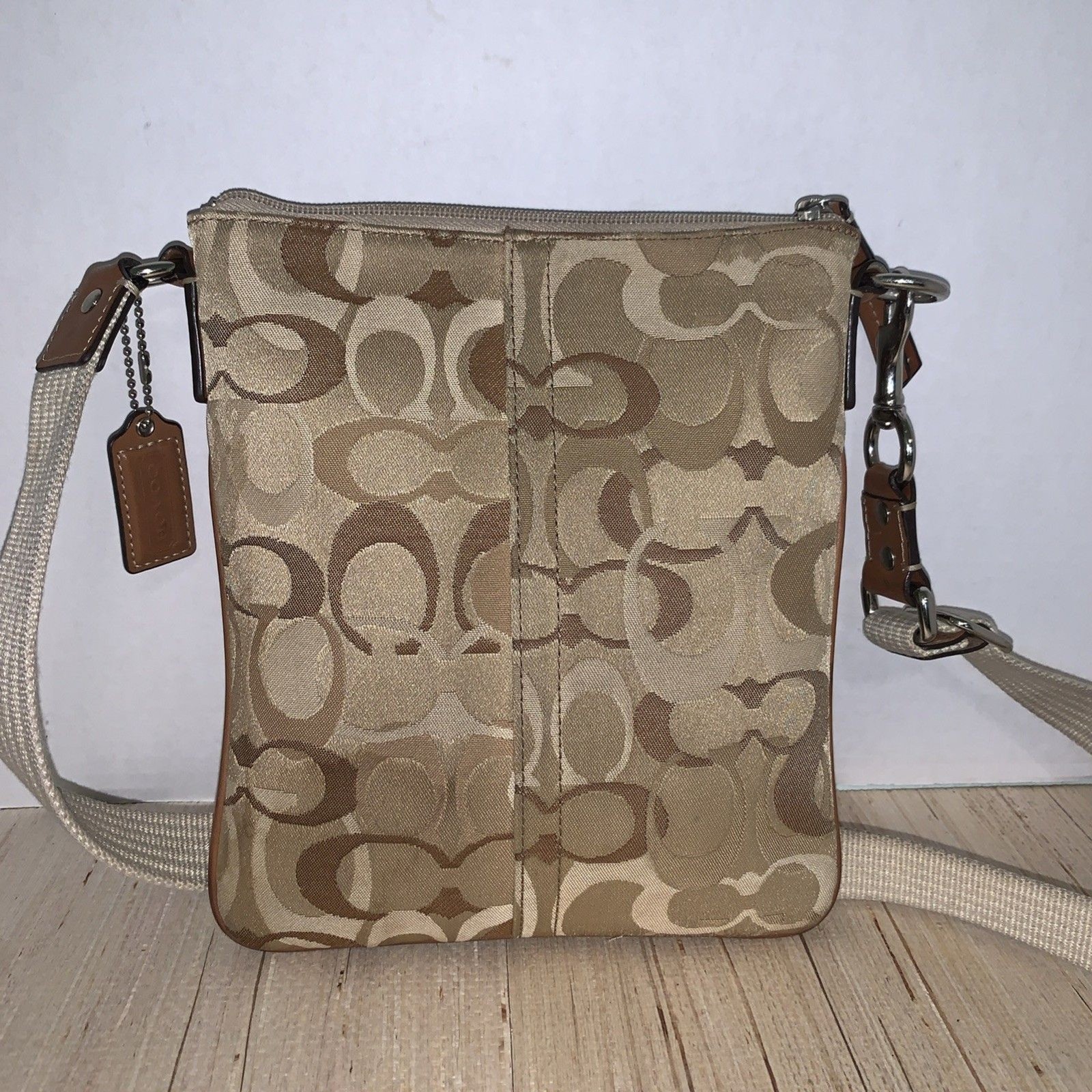 COACH Small Crossbody Classic C Fabric/Leather Brown Tan Adjustable Strap