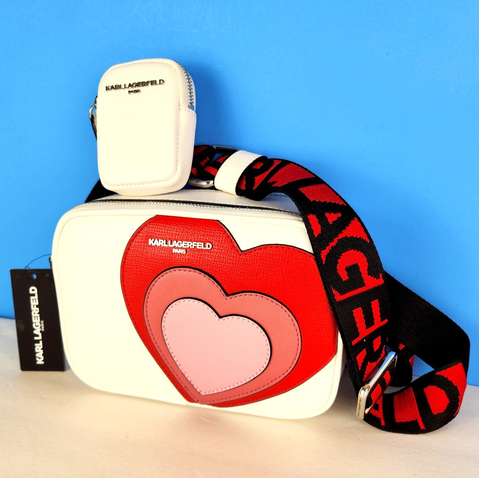 New Karl Lagerfeld Paris Maybelle Crossbody Bag White w Pink Red Hearts w/Pouch