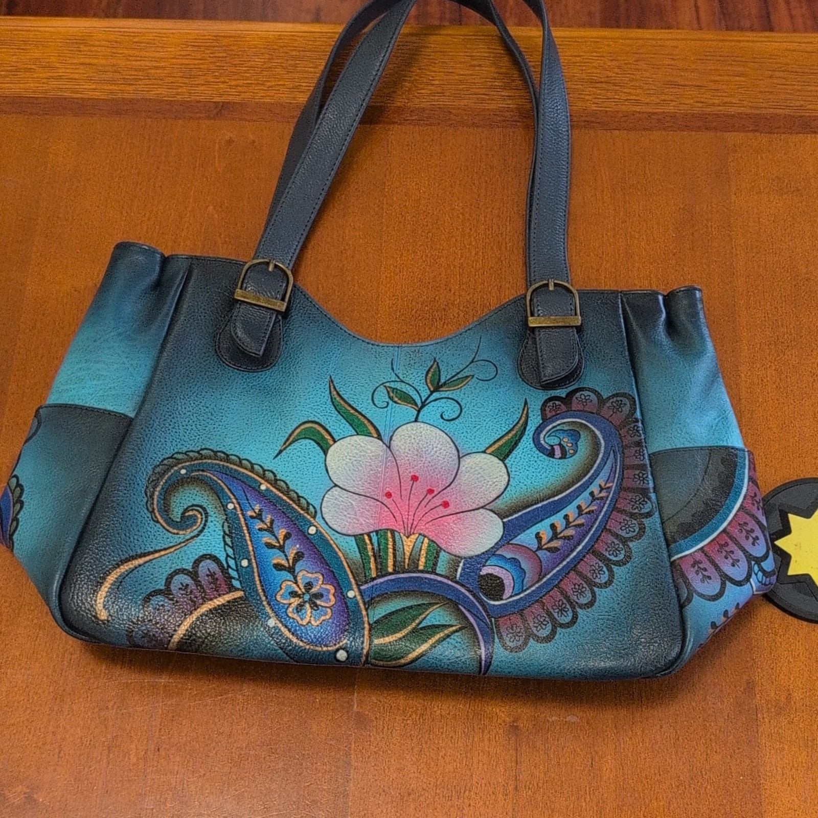 Anuschka Blue Floral Shoulder Bag Double Handles Zip/Magnetic Inner Pockets