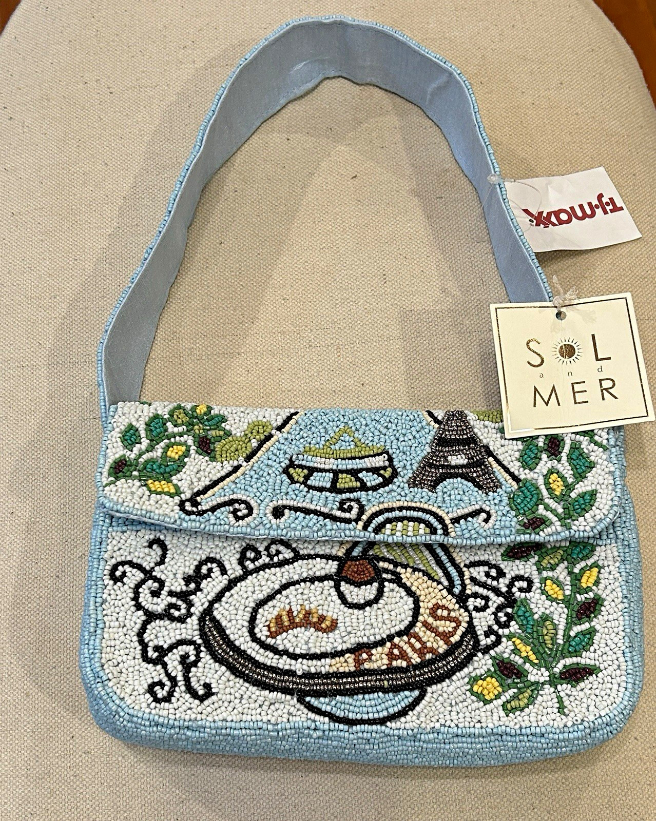 Sol and Mer Blue Beaded Paris Eiffel Tower Shoulder Bag Purse, Magnetic, Lined