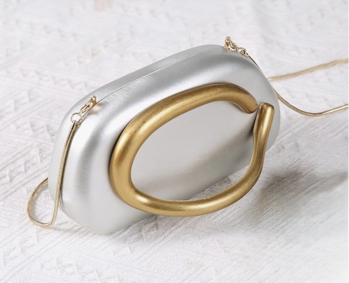 Dreubea Minimalist Art Deco Clutch Bag – Silver w/ Metallic Gold Tone Accents