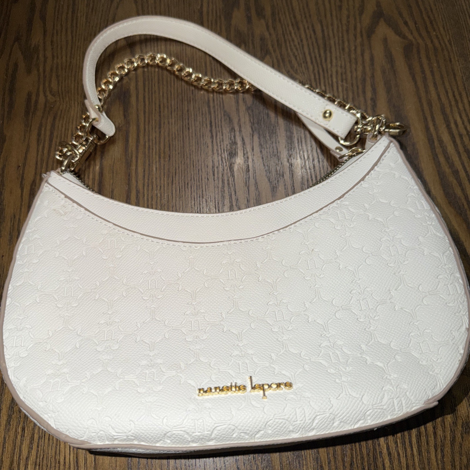 Nanette Lepore Cream Embossed Logo Shoulder Bag Faux Leather Gold Tone Zip Purse