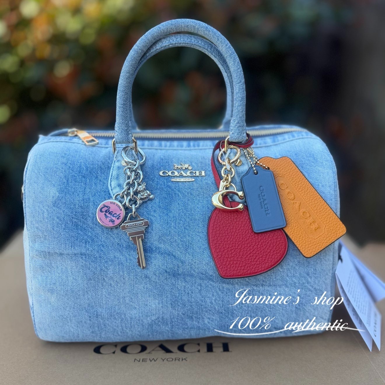 NWT Coach CDY75 Rowan Large Satchel Bag In Loved Denim With Charms Light Indigo