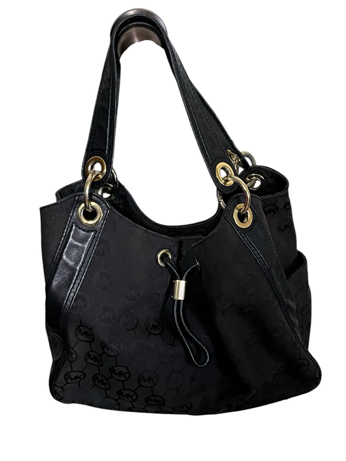 Michael Kors Ludlow Black Leather Canvas Handbag Purse Gold Hardware Shoulder