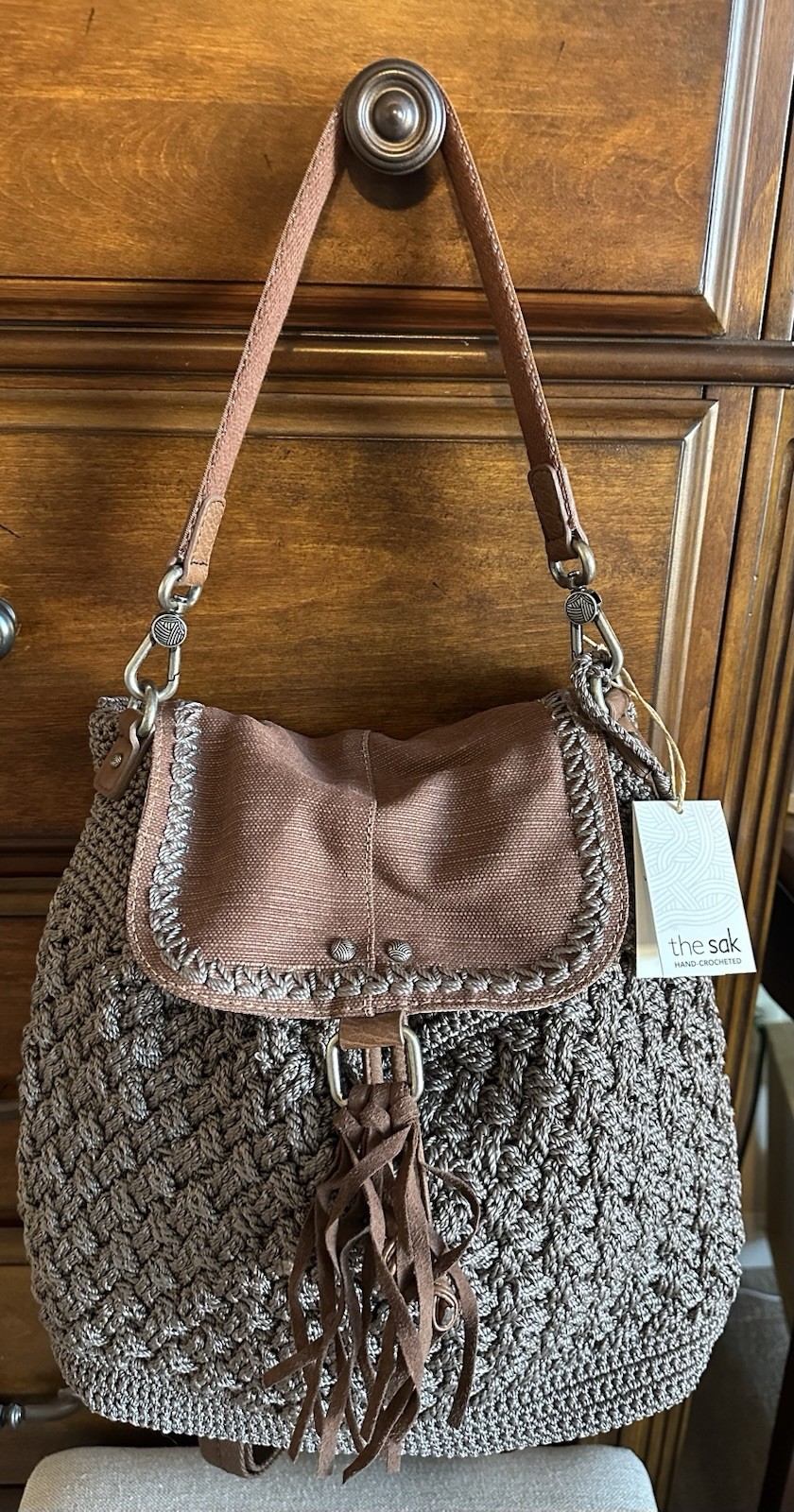 The SAK Avalon Convertible Brown Crochet Backpack Purse NWOT