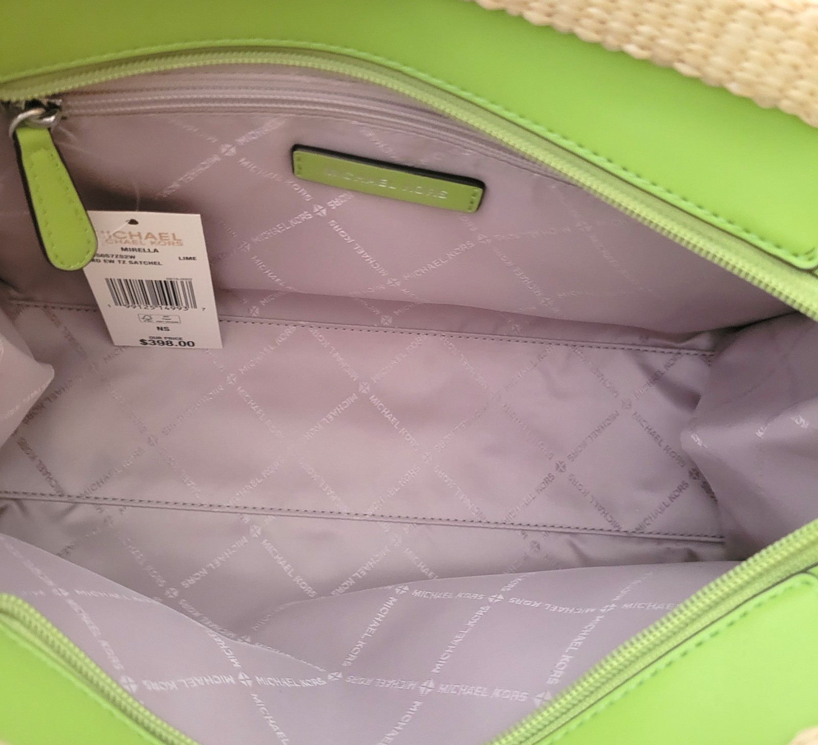 Michael Kors Mirella Medium EW Top Zip Satchel Lime Woven Straw Faux Leather