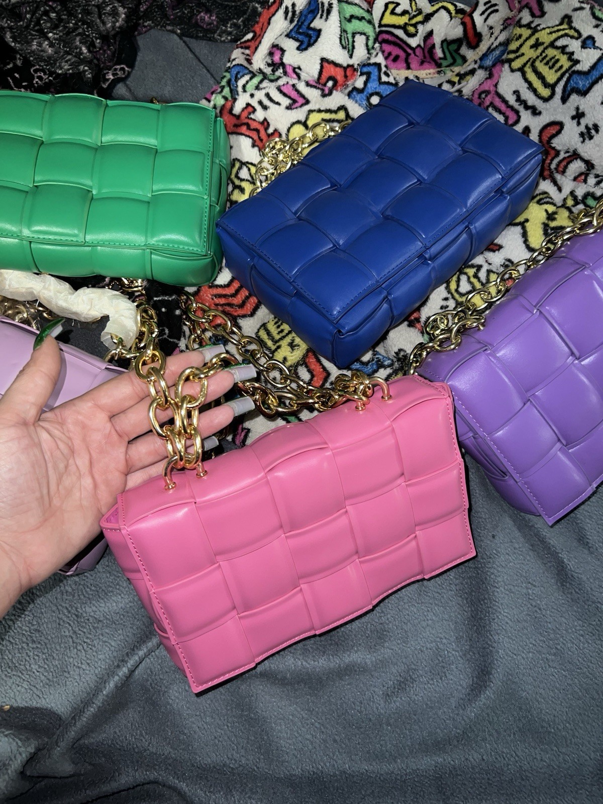 Bulk Multicolor Woven Padded Quilted Bag Gold Chain Strap Hardware