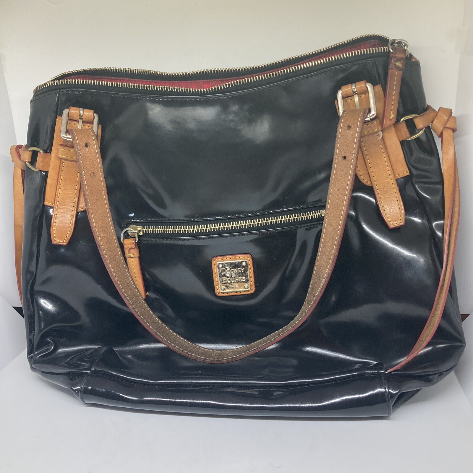 Dooney & Bourke Satchel Large Handbag Black Patent Leather Purse, Red Interior