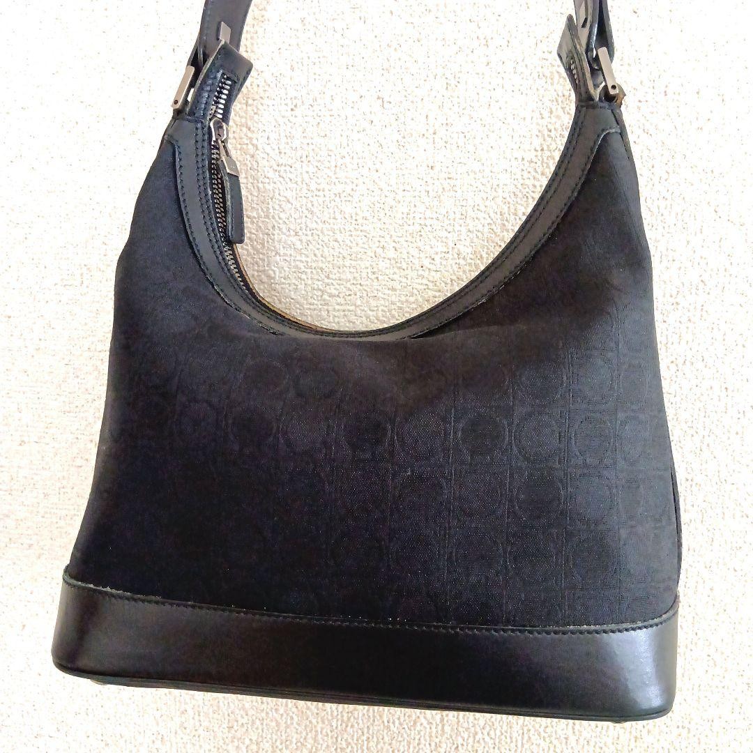 Ferragamo Gancini One-Shoulder Bag Canvas x Leather Black