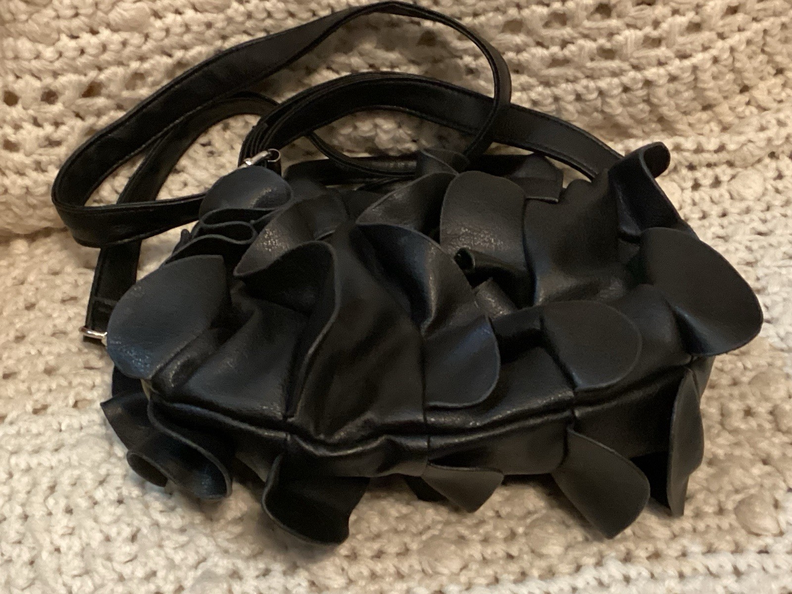 Bueno Black Faux Soft Leather Multi Pocket Handbag W/Handles And Shoulder Strap