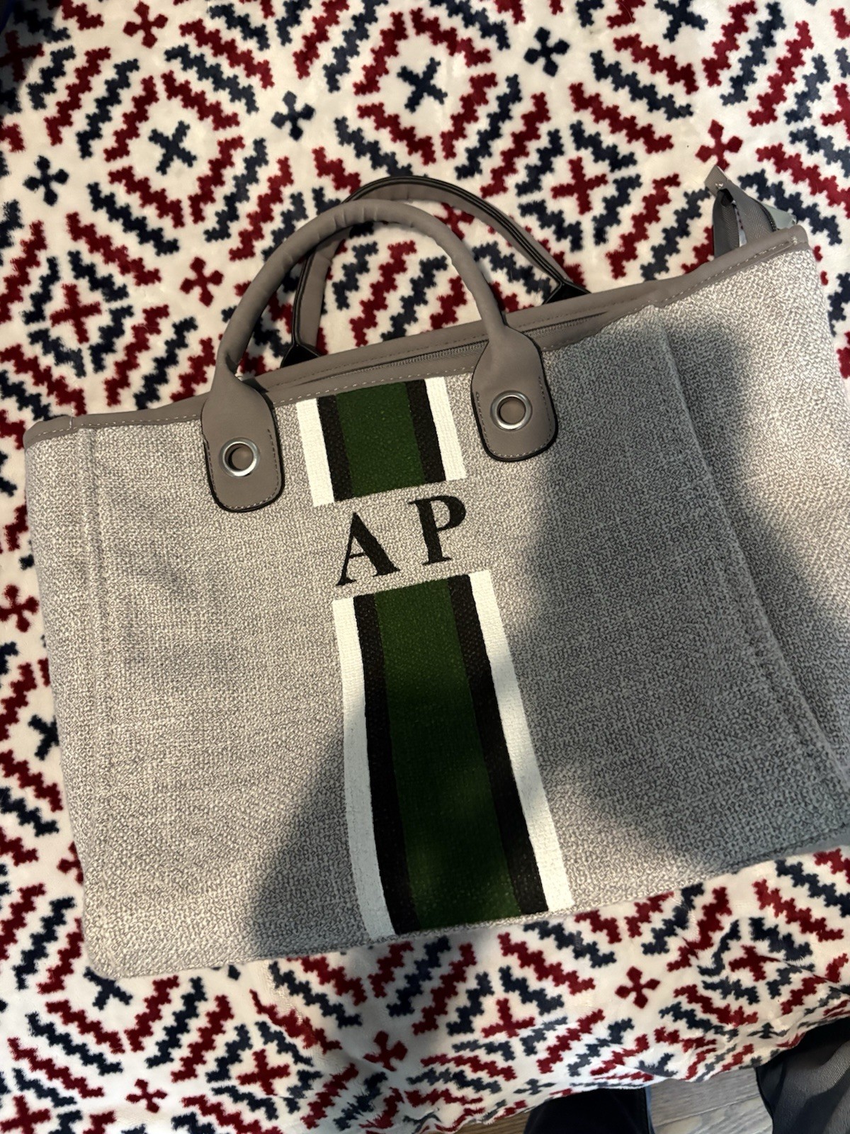 Lily & Bean Gray Striped Tote Zip Monogram Initials Top Handle Detachable Strap