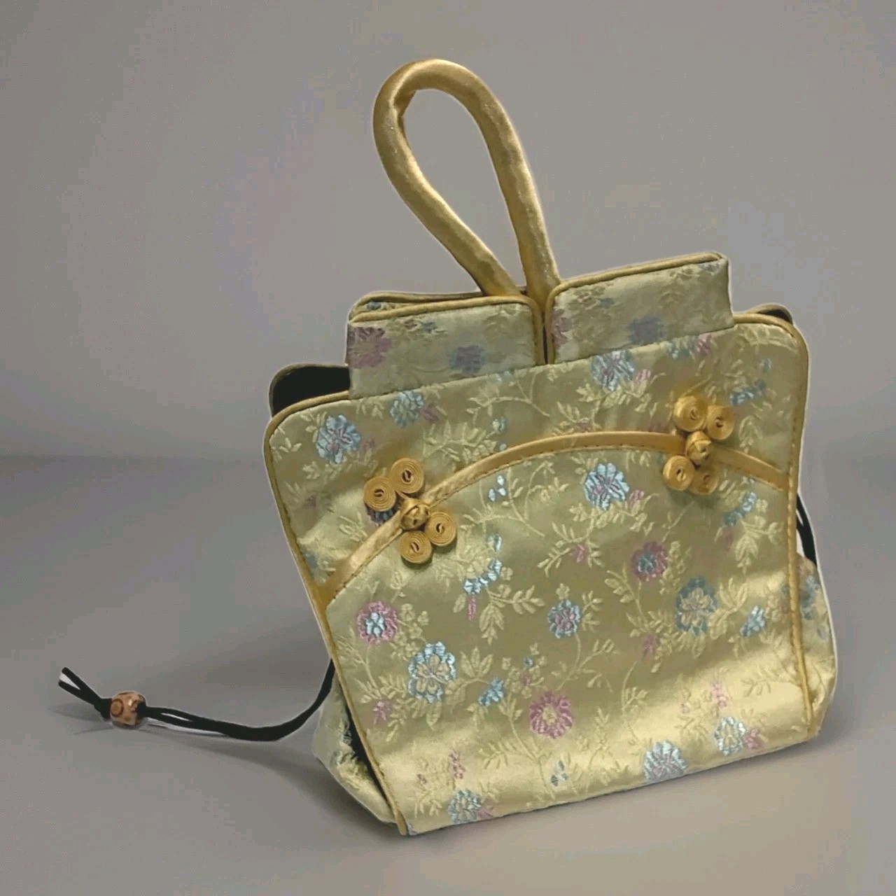 Yellow Asian Drawstring Kimono Makeup Bag – Satin Silky Embroidered Purse Clutch