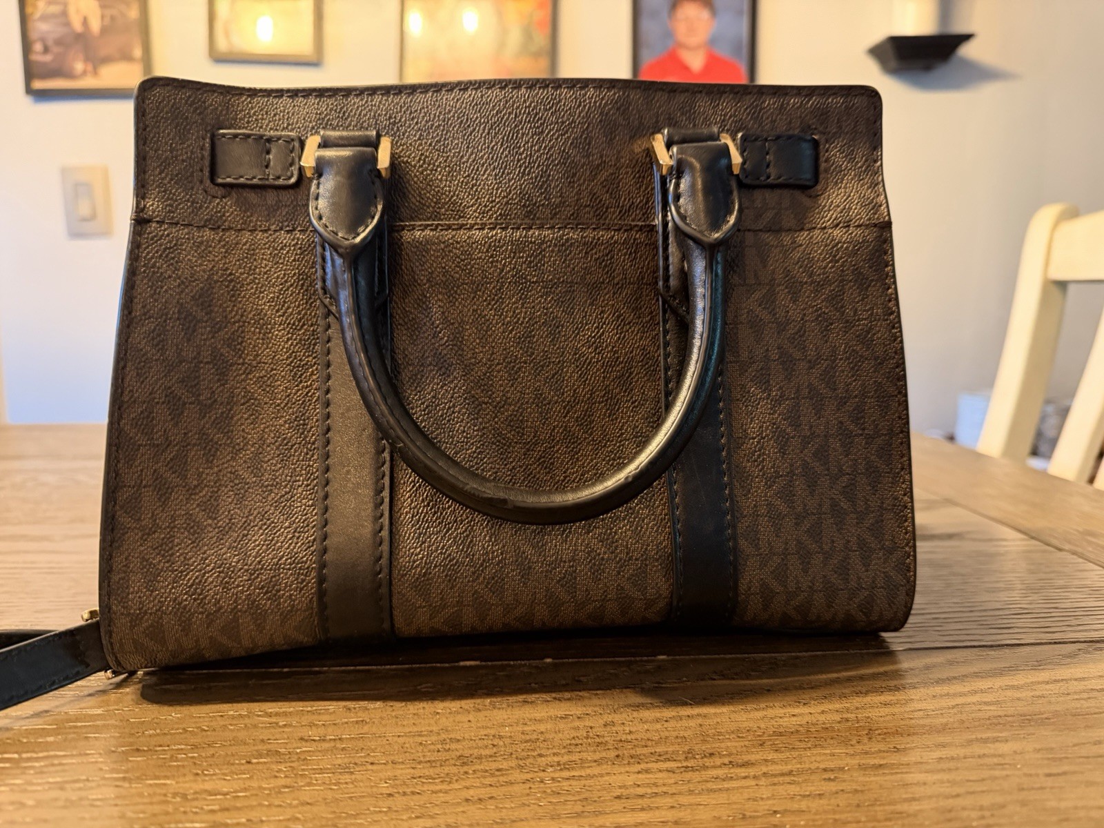 Michael Kors Brown/Black Logo Monogram Satchel Top Handle Zip Detachable Strap