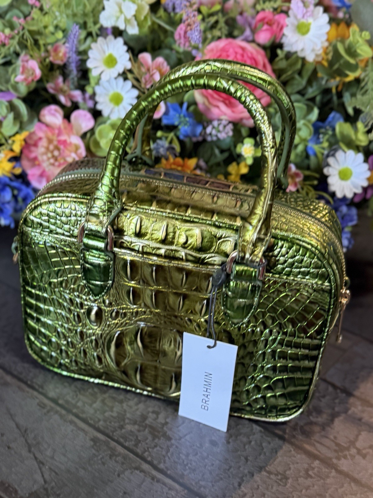 Brahmin Mara Cacti Green Satchel Pretty Eye Placement NWT Metallic Beauty
